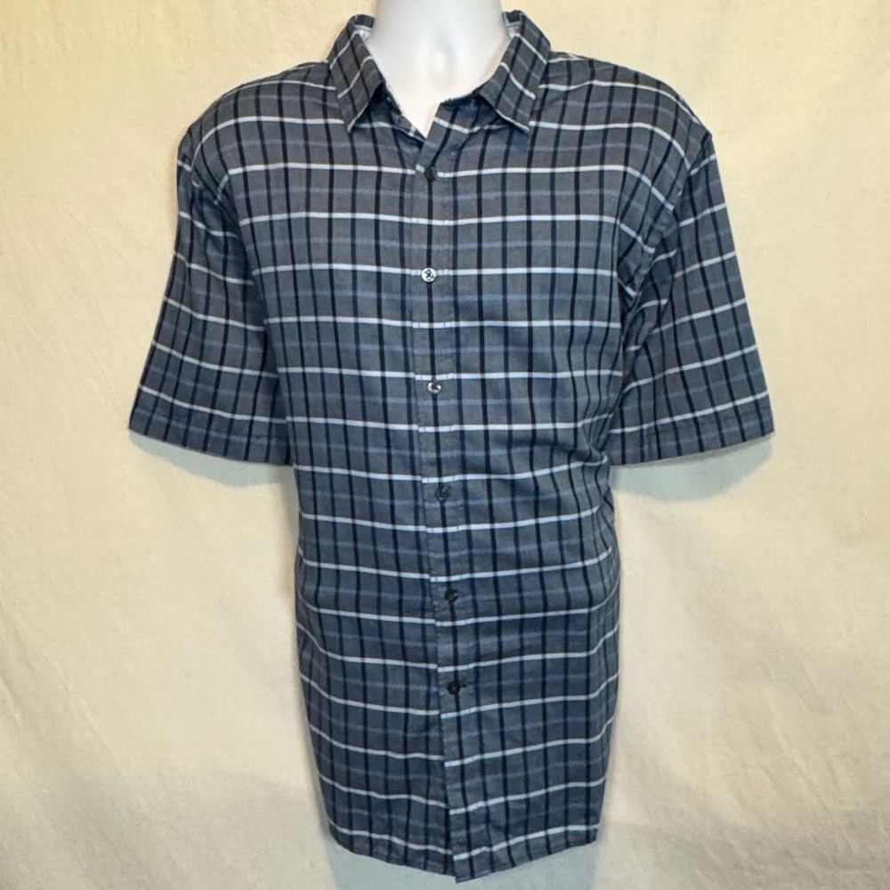 G-113 Men’s Geoffrey Beene Blue & White Plaid Casual Button Down Shirt Size XXL